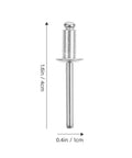Close-up of a single rivet from Aluminum Pop Rivets Kit 140Pcs Assortment With Flanged Dome Head Blind Rivets For Metal Fastening And Automotive Repair Pro Grade Aluminum Alloy Rivets Vibration Resistant Corrosion Proof DIY Projects, showing dimensions of 1.6in x 0.4in.