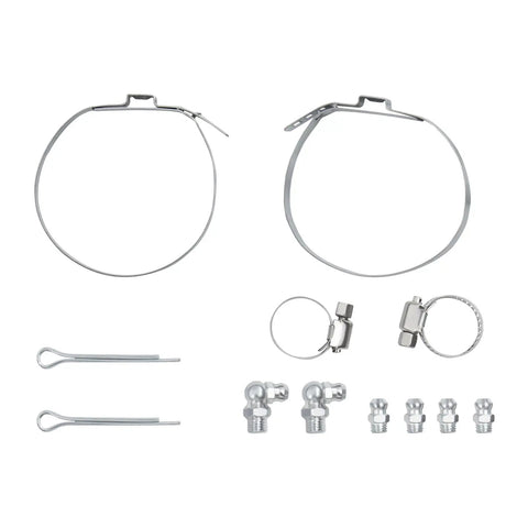 Garage Ready Front Suspension Kit With Reinforced Upper Lower Control Arms And Zerk Greased Ball Joints For 2007 To 2013 Chevrolet Silverado Tahoe GMC Sierra Half Ton Truck Refresh components including clamps and fittings.