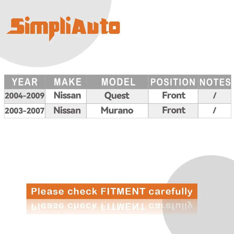 SimpliAuto compatibility chart for Precision Matched Front Wheel Bearing And Hub Assembly With Abs 5 Lug For Nissan Murano And Quest.