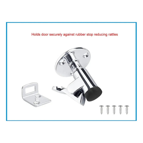 Marine Grade Stainless Steel 316 Door Stopper Kit With Rubber Bumper Pads Heavy Duty Spring Latch shown with mounting bracket and screws.