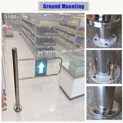 Rock Solid One Way Swing Gate With Heavy Duty Spring Loaded Self Closing Mechanism And Straightforward Hand Push Stainless Steel Security Door for Secure Yard Perimeter Or Commercial Entry, ground mounted with stainless steel post.