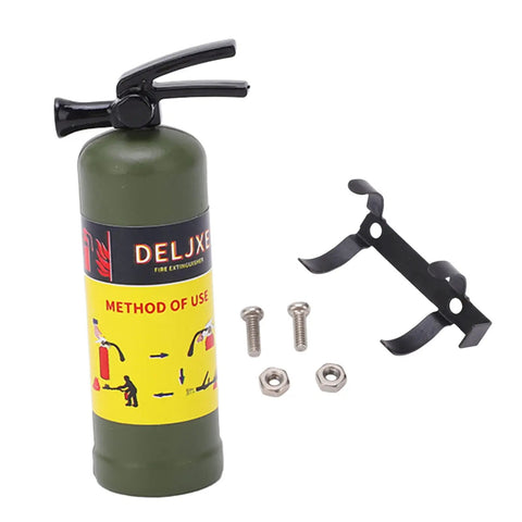 Green Mini Fire Extinguisher Scale Accessory for RC Cars Axial SCX10 WPL MN Series with mounting parts and screws.