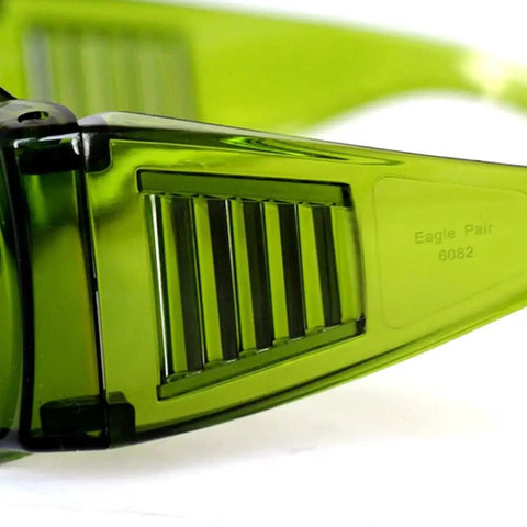 Close-up of Legit Wide Spectrum Laser Safety Glasses With Kickbutt Level Eight Eye Protection showcasing green polycarbonate frame detail.