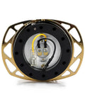 Gen 2.0 Steering Wheel Quick Release Kit Adapter With Black Body And Chrome Gold Cutout Ring showing bolt pattern and horn wires