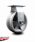 Heavy Duty Rigid Top Plate Caster Featuring A 5 Inch Semi Steel V Groove Wheel With Roller Bearings viewed from the side.