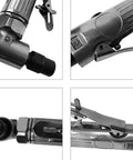 Rough And Ready One Quarter Inch Pneumatic Air Angle Die Grinder Tool Set details, 90-degree swivel head for metalwork.