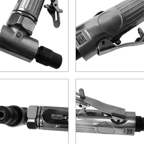 Rough And Ready One Quarter Inch Pneumatic Air Angle Die Grinder Tool Set details, 90-degree swivel head for metalwork.