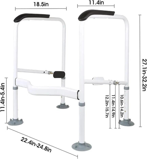 Heavy Duty Toilet Safety Rails For Seniors With Adjustable Carbon Steel Frame, non-slip design and precise dimensions shown.