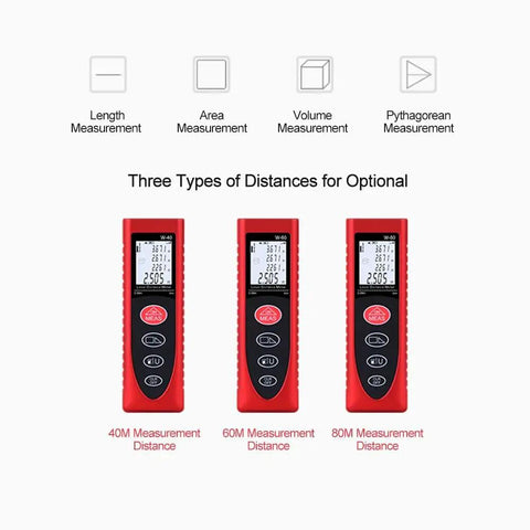 Heavy Duty Laser Distance Meter With Eighty Meter Reach Featuring Mute Mode Sleek Backlit Screen And Pythagorean Math for length, area, and volume measuring.