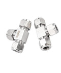 Front view: two Pysrych 304 stainless steel compression tees, 3/8 in. OD, 3-way tube fittings; pack of 2