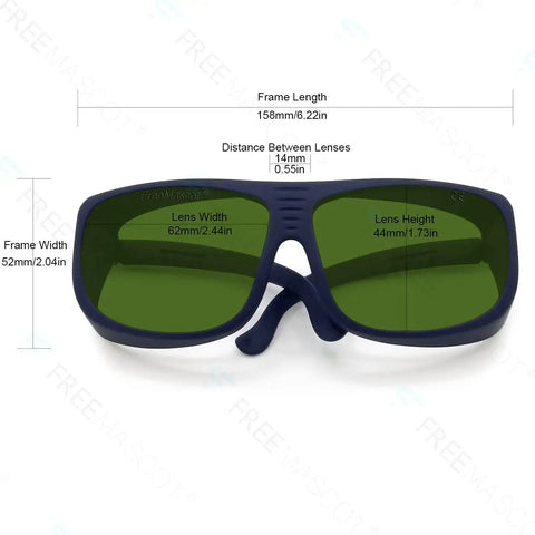 Pro Grade Laser Safety Glasses With Hella Protective OD Six Plus Coverage From 190NM To 1700NM Wavelengths side angle view with measurements.