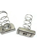 50 Pack Stainless Steel Spring Strut Nuts 1/4 20 Thread Size Heavy Duty Channel Fasteners For Standard Metal Framing Kits close up view showing spring design.