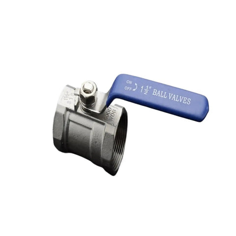 Bulletproof Stainless Steel Ball Valve With Slick Female Threaded Plumbing Connector For Faucets And Water Pipes Heavy Duty Corrosion Resistant Solid Fitting Available In Multiple Inch Sizes, 1.5 inch valve with blue lever.