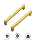 Brushed Brass Square Cabinet Handles With 6 1 4 Inch Center To Center Spacing Heavy Duty Kitchen Drawer Pulls And Vanity Hardware close-up view showing surface finish.