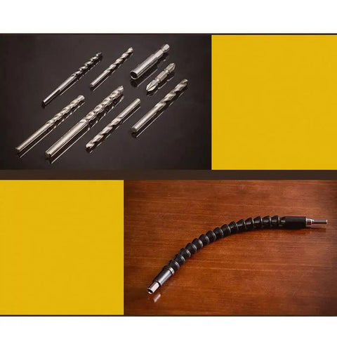 Various metal drill bits and a flexible extension tool for the Kickass 12 Volt Rechargeable Electric Drill Kit With Adjustable Speed And Reverse Function Perfect For Hella Easy Household Fixes And Serious DIY Projects.