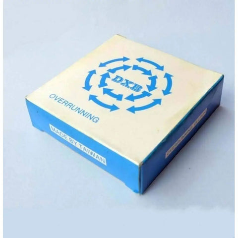 Premium CSK25 Sprag Clutch One Way Bearing 25X52X15mm packaged box labeled DXB and overrun, showcasing manufacturing details.
