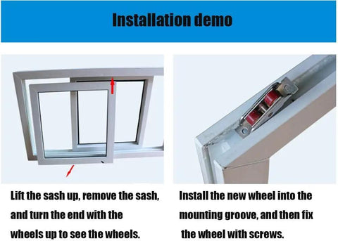 Installation demo for Heavy Duty Double Wheel Pulley With Slick Nylon Glide For Sliding Doors And Windows showing sash lifting and wheel installation.