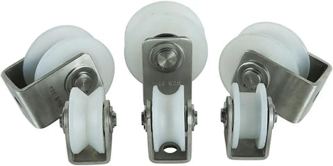 Kickass Heavy Duty Sliding Gate Wheels Featuring Stainless Steel Grooved Track Rollers And Durable Nylon Bearings For Hella Smooth Quiet Operation Built Tough To Handle Daily Grind, silver and white roller assembly.
