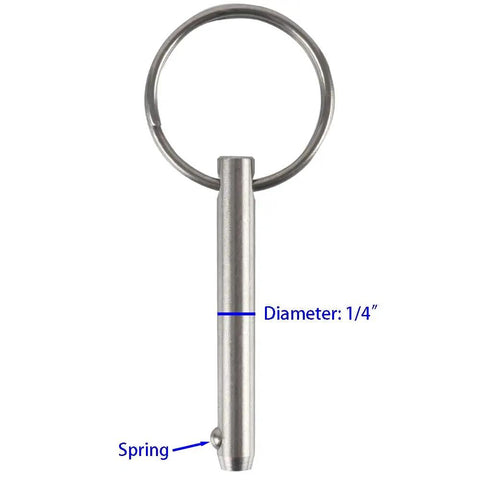 2 Pack Quick Release Pin One Quarter Inch Diameter, Overall Length Two Inches, Usable Length One And A Half Inches, Marine Grade 316 Stainless Steel Bimini Top Pin For Boats And Marine Hardware shown