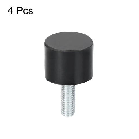 Dead Reliable Cylindrical Rubber Mounts And Vibration Isolators With M6 Thread, 20x15mm size, pack of four, black rubber.