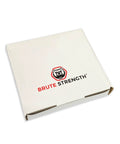 White box with Brute Strength logo, containing Two Pack White Leather Drawer Pulls For Industrial Style Furniture Upgrade Easy To Install Leather Handles For Cabinets And Drawers Measuring Seven And Seven Eighths Inches Long By One Inch Wide.