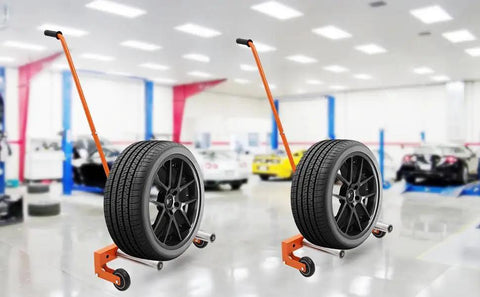 Built Tough Three Level Adjustable Carbon Steel One Arm Tire Dolly For Rolling Car Wheels And Rims With Heat Resistant Frame, rolling tire on smooth floor.