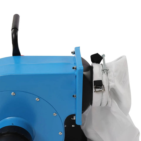 Close-up of CCXYYFDJ 1HP Wall Mount Dust Collector, featuring blue steel frame and white collection bag with strap.