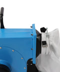 Wall Mount Dust Collector With One Horsepower Motor And 14.8 Gallon Filter Bag showing blue body and white filter bag attachment.