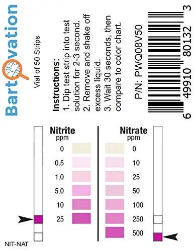 Premium Grade Nitrite And Nitrate Test Strips Covers 0 To 25 And 0 To 500 Ppm For Fish Tanks And Farm Wells with instructions.