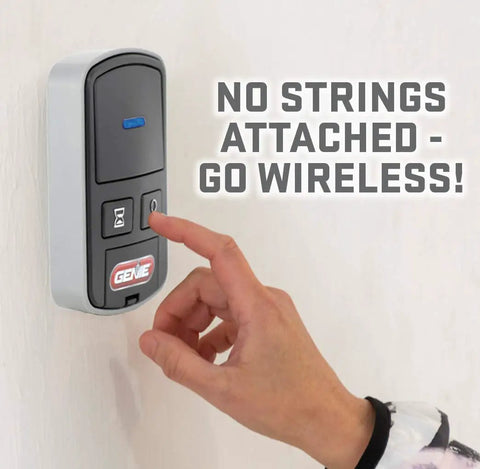Person operating Intellicode Wireless Wall Console for Garage Door Openers Made After 2013 in a black finish with blue LED