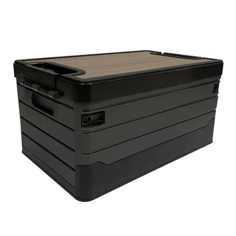 Kickass Folding Tailgate Crate Featuring Heavy Duty Wooden Tabletop Lid And Hella Massive Storage Volume For Smooth Car Camping Gear Organization And Rapid Trunk Setup In Matte Charcoal Black Coating, showing side and top view with wood lid.