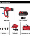 Quarter Inch Cordless Blind Riveter For Milwaukee M18 Fuel Platform Battery Operated kit includes rivet tool, two batteries, charger, and retention nose pieces.