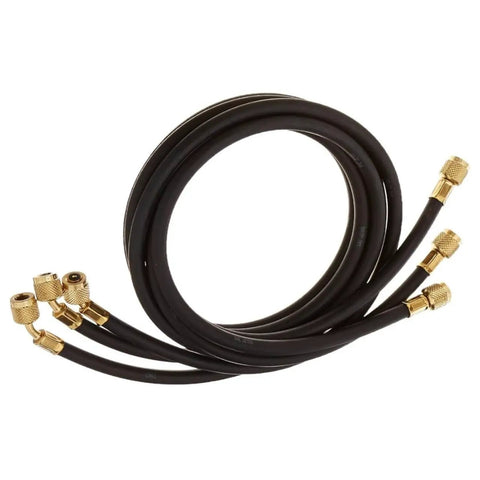 Slick Heat Pump Manifold Gauge Set With Dual Three Inch Precision Meters And Sixty Inch Tough Braided Hoses For Ac Hvac Pro Hustle And R22 Repair Kits, featuring three black braided hoses with brass fittings.