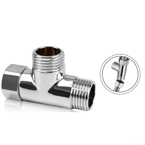 Rock Solid Three Way Brass Diverter Valve Tee Joint Connector With Half Inch Threading, chrome plated, for bathrooms and kitchens.