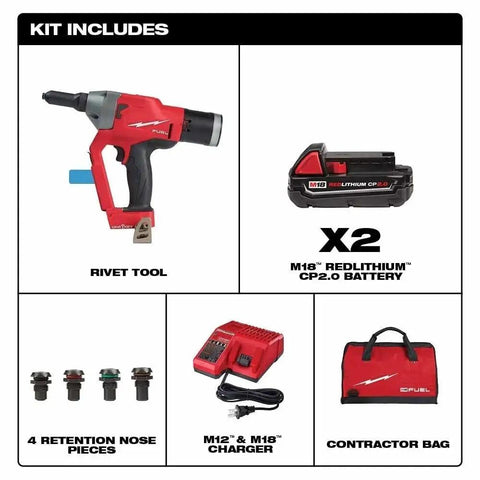 Image of M18 18V One Quarter Inch Blind Rivet Tool Kit With One Key Bare Tool And Retention Nose Pieces Two CP2 Batteries.