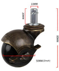 Five Pack Two Inch Antique Brass Swivel Caster Wheels With Built In Brakes Smooth Nylon Rolling Balls shown with dimensions.