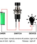 Mini Prewired 7mm Black Momentary Push Button Switches 2 Pin SPST No NC On Off diagram showing power, switch, and device connections