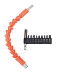 Badass Compact Cordless Drill Driver With 0 To 600 Rpm Speed And 15 Newton Meter Torque For Drywall Assembly Woodworking And Heavy Duty Home Repair Grind Tool includes orange flexible extension and screwdriver bits.