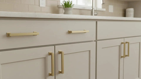 Straight Fire Brushed Gold Cabinet Pulls And Drawer Handles Six Pack Seriously Heavy Duty Metal For Kitchen Cupboards And Closets No Sweat Install Classic Americana Edge showing close-up of brushed gold cabinet handles.