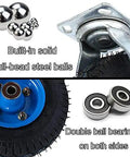 Heavy Duty Swivel Casters Pack Of 2 With Secure Brakes And Mounting Plates Featuring Kick Ass 200Kg Load Per Wheel Plus Badass Pneumatic Tires showing solid steel balls and double ball bearings.