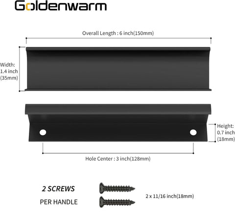 Dimensions of the 25 Pack Finger Edge Pulls For Black Cabinet Handles And Drawer Pulls, Kitchen Tab Hardware, 5 Inch Hole Centers with screws.