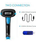 Wireless 2D Barcode Scanner With Stand For Screen Scanning And Handheld Use CMOS Imager Long Range Portable USB Barcode Reader With No Fuss Auto Sensing And Quick Reads 1D 2D QR PDF417 Data Matrix showing wired and wireless connection options
