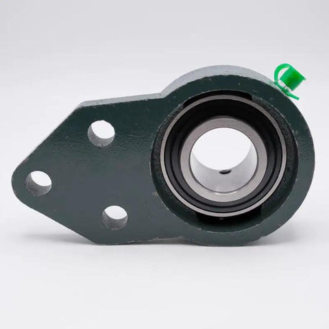 Heavy Duty Workhorse Three Bolt Flanged Bearing Block With Set Screw Locking Unit For 15 16 Inch Shaft close-up view, green metal housing.