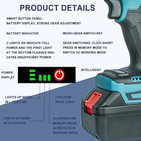 Product details of Professional Grade Heavy Duty Cordless Rivet Gun With Smart Memory Mode And Quiet Brushless Motor, showing battery display and smart button panel.