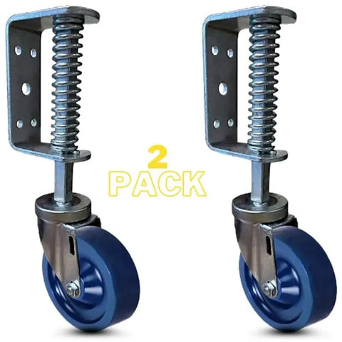 Premium Heavy Duty Spring Loaded Gate Casters Solid Poly Wheels Three Inch Swivel Rollers in a 2 pack with durable brackets.