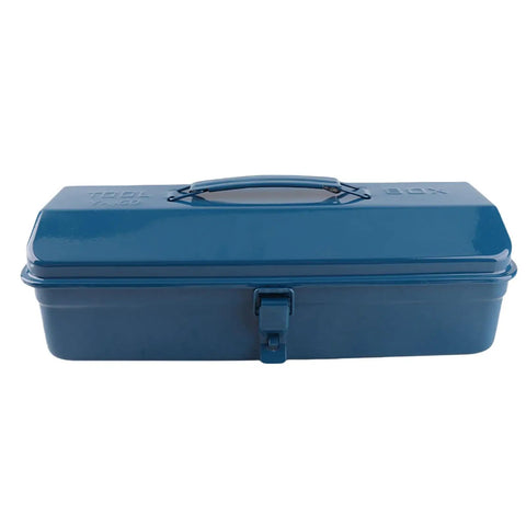 Heavy Duty Iron Toolbox With Extended Telescopic Handle Built Tough For Working Crews And Weekend Home Repair Tasks Blue Metallic Storage Container, front view with latch.