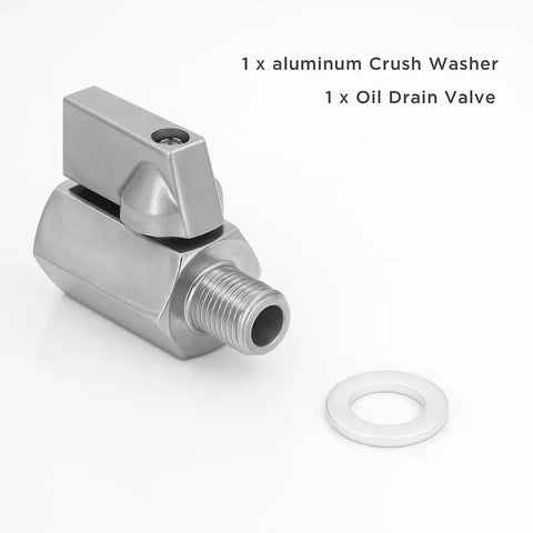 M12 1.25 Thread Stainless Steel Oil Drain Valve Quick Release for easy oil change, shown with a copper crush washer for fast draining.