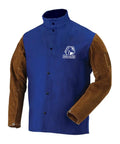 Front view of Built Tough 30 Inch Flame Resistant Hybrid Welding Jacket With Split Cowhide Sleeves And Cotton Body Standup Welder Collar Dual Scribe Pockets 2XL Size Royal Blue And Brown