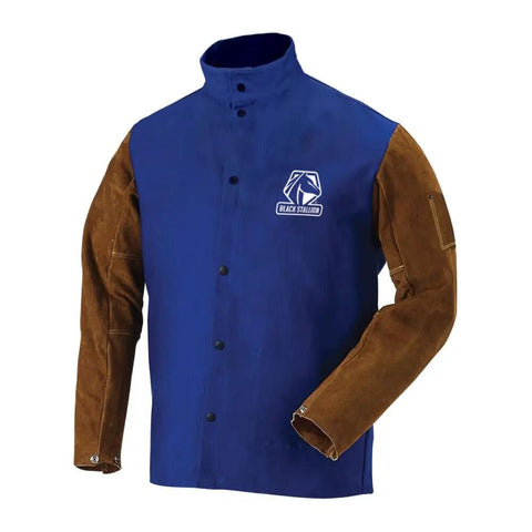 Front view of Built Tough 30 Inch Flame Resistant Hybrid Welding Jacket With Split Cowhide Sleeves And Cotton Body Standup Welder Collar Dual Scribe Pockets 2XL Size Royal Blue And Brown