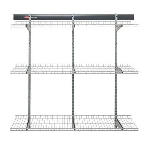 Hella Sturdy Garage Wall Storage Rack With Heavy Duty Steel Shelves And Modular Rails For Workshop Home Organization Super Quick Install clear view of wall-mounted rack with four wire shelves.